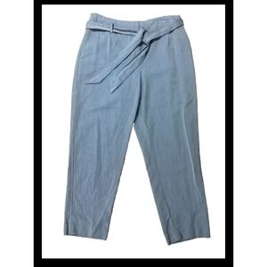 Talbots Sz 10 Slim Leg Ankle Trousers Linen Blend Blue Waist Tie Flat Front